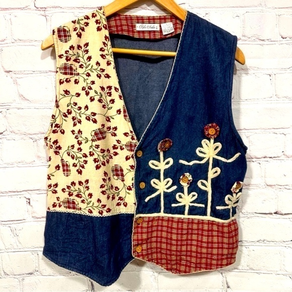 Vintage women’s tailored vest Large Denim Patchwork Flower V Neck cottagecore